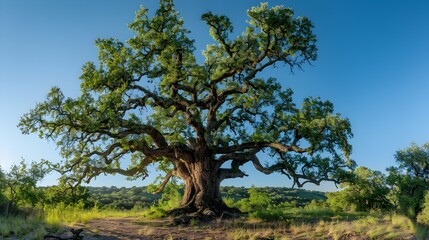 Majestic Oak Tree Stands Tall in Serene Forest Landscape,Emanating Tranquility and Strength