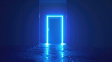 A neon blue door is lit up in a dark room