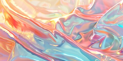 A colorful, flowing holographic background with a rainbow of colors. The background is a mix of blue, orange, and pink