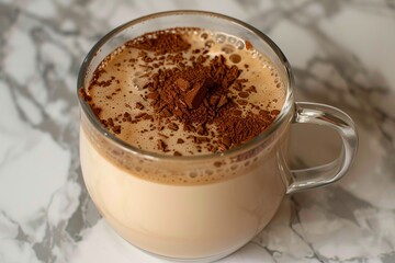 Creamy coffee with a sprinkle of cocoa on top, super realistic