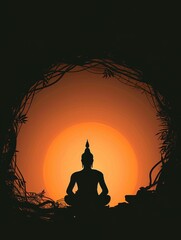 A silhouette of a person sitting in a lotus position in a dark forest