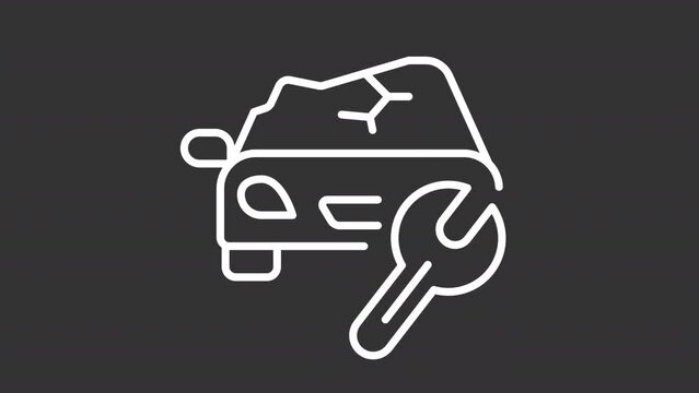 Crash repair white line animation. Animated crashed car and wrench icon. Accident repair service. Vehicle recovery. Isolated illustration on dark background. Transition alpha video. Motion graphic