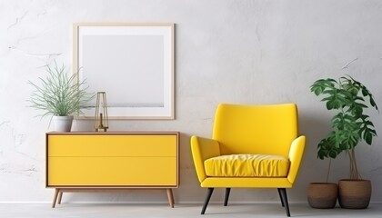 Modern living room indoor design with the scene of a yellow chair, a modern armchair with walls poster mockup