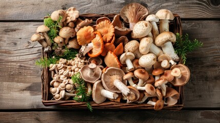 Fototapeta premium Wicker tray with variety of raw mushrooms on top wooden table