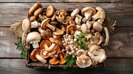 Fototapeta premium Wicker tray with variety of raw mushrooms on top wooden table