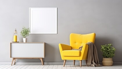 Fototapeta premium Modern living room indoor design with the scene of a yellow chair, a modern armchair with walls poster mockup