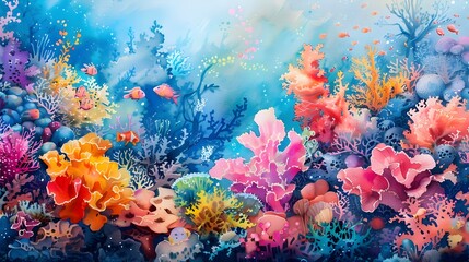 Vibrant Coral Reef Teeming with Diverse Underwater Lifeforms in Dreamy Watercolor Seascape