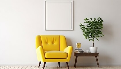 Modern living room indoor design with the scene of a yellow chair, a modern armchair with walls poster mockup