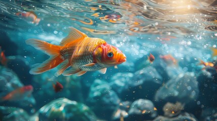 Image shows a goldfish swimming in a pond with other fish. The water is clear and blue. The goldfish is orange and white.