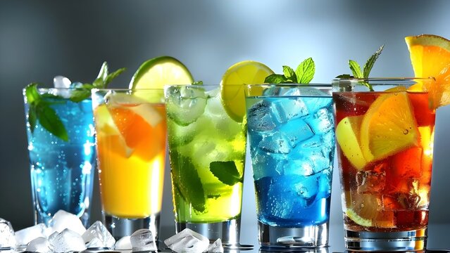 Vibrant Summer Cocktails on a White Background for a Cocktail Party Image. Concept Summer Cocktails, Vibrant Colors, White Background, Cocktail Party Image