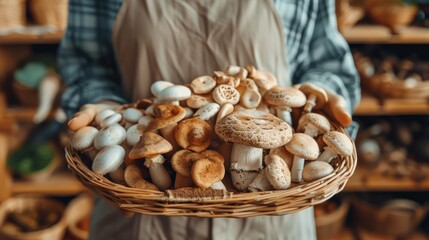 Woman holding wicker tray with variety of raw mushrooms