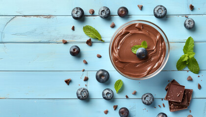 A bowl of chocolate pudding with blueberries and mint leaves by AI generated image
