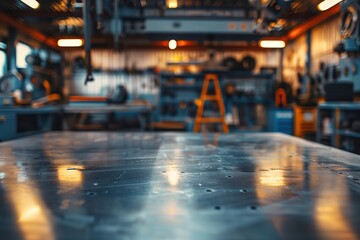 A metallic blank tabletop featuring a blurred automobile. Generative Ai