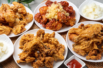 Fried, chicken, seasoning, duck, half-and-half, fried, chicken, Korean, mustard, sauce, radish, soy sauce, garlic,