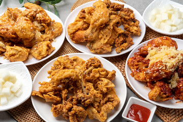 Fried, chicken, seasoning, duck, half-and-half, fried, chicken, Korean, mustard, sauce, radish, soy sauce, garlic,