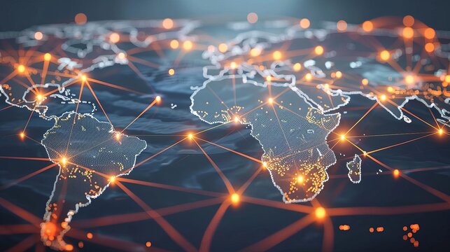 A global network graphic with connected nodes and data exchanges over a map of the world