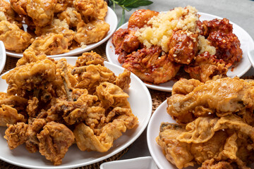 Fried, chicken, seasoning, duck, half-and-half, fried, chicken, Korean, mustard, sauce, radish, soy sauce, garlic,
