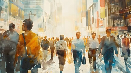 Fototapeta premium Bustling Side Street Scene with Diverse Corporate Professionals in a Thriving City