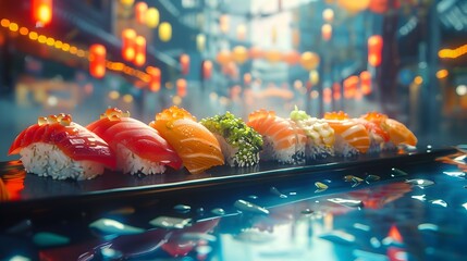 Vibrant and Artful Sushi Assortment from a Unique Low-Angle Perspective,Elevated with a Touch of Digital Magic for a Mouthwatering Visual Feast