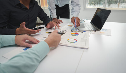 Business finance teams work together as a team in meetings, brainstorming, project calculations...