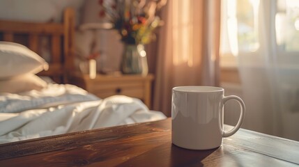 A white coffee cup sits on a wooden table in a bedroom - Powered by Adobe