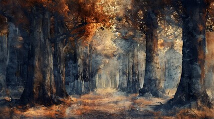 Mystical Forest Pathway with Towering Ancient Trees in Digital Watercolor Style
