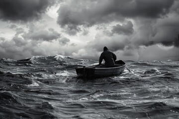 A man is rowing a boat in the ocean