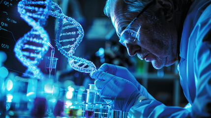 Scientists in a modern laboratory, working on genetic engineering. The background features high-tech equipment and a digital DNA helix animation.