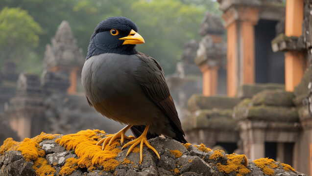  bird  is perched on a stone in front of a temple