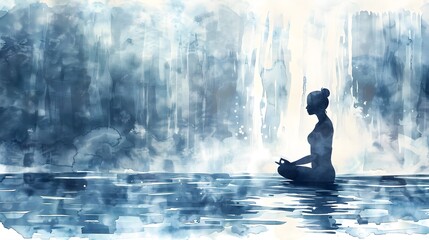 Obraz premium Serene Waterfall Meditation - A Tranquil Minimalist Watercolor of a Woman in Yoga Pose