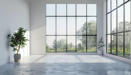 A large, empty room with a view of the mountains and a lake by AI generated image