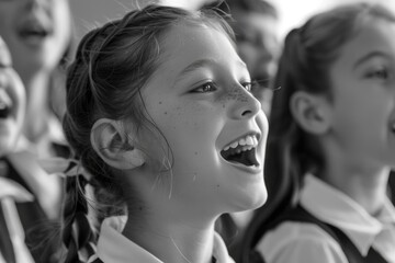 Fototapeta premium A girl is smiling and laughing while a group of people look on