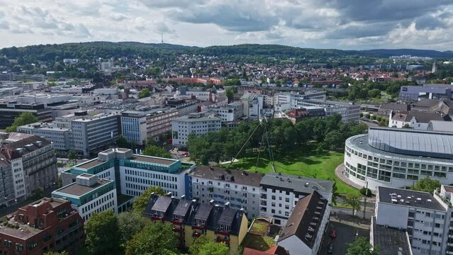 Aerial drone view of Bielefeld city centre or Mitte district in Germany. 