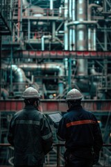 Fototapeta premium Two men wearing hard hats and safety gear are looking at a computer screen