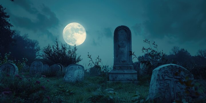 A cemetery at night with a full moon in the sky