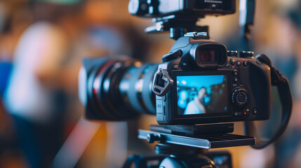 Close-up view of a digital camera on a tripod with a focused display screen showing a subject, emphasizing the camera's technical features