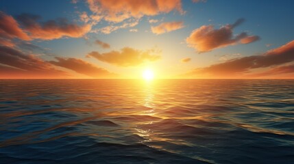 Obraz premium sunrise over a tranquil ocean, with the sun emerging from behind a layer of wispy clouds, 