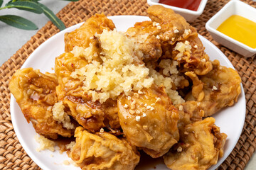 Fried, chicken, seasoning, duck, half-and-half, fried, chicken, Korean, mustard, sauce, radish, soy sauce, garlic,