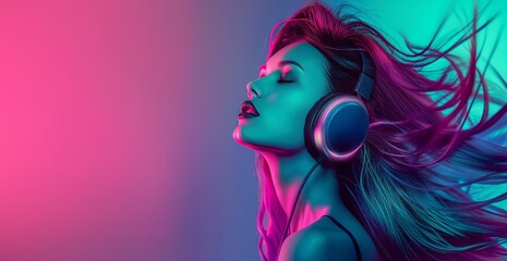 This image displays a female silhouette with neon light effects on her hair, giving off a party vibe, ideal for themes of summer enjoyment and nightlife