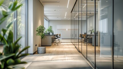 Fototapeta premium Sleek and contemporary workspace design: bright and airy modern office interior with ergonomic furniture and state-of-the-art technology in urban business district