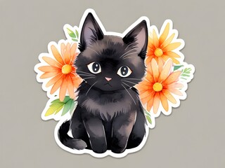 Obraz premium Black Cat Flowers Sticker Watercolor Art