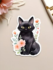 Black Cat Flowers Sticker Watercolor Art