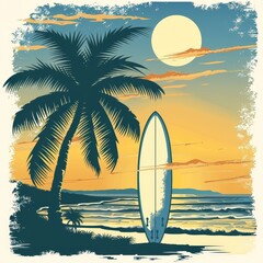 The image shows a surfboard standing on the beach with palm trees and the ocean in the background