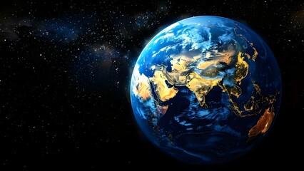 Fototapeta premium View of Asia, Europe, Africa, and the Middle East from space at night. Concept Space View, Night Light, Global Continents, Earth's Beauty, Aerial Perspective