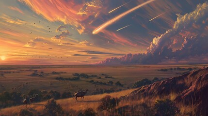 Malowidło ilustruje zachód słońca nad obszernym polem, na którym pasą się zwierzęta. W oddali widoczne są stada zwierząt. Kolory nieba i pola łączą się tworząc niezwykły widok - obrazy, fototapety, plakaty