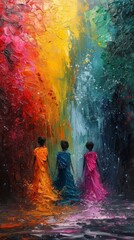 The painting shows three women walking in a colorful forest