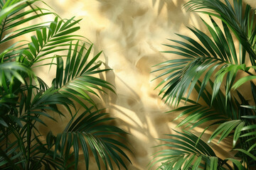 A background of palm leaves and foliage with a golden sandstone wall in the foreground. Created with Ai