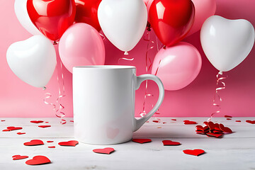 Mug Blank Mockup Template. High-Resolution Mug Blank. Valentine's balloon background