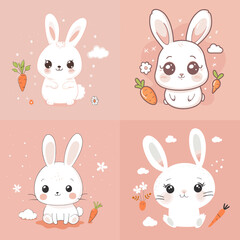 Cute cartoon bunny illustrations with carrots and pastel pink backgrounds. Perfect for children’s art, Easter themes, nursery decor, baby products, and kawaii design.

