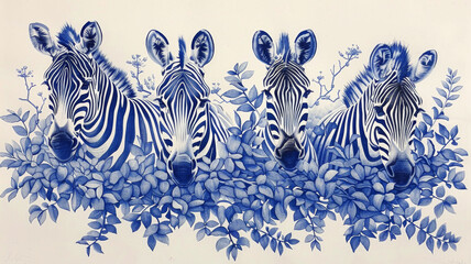 A painting of four zebras in a field of green leaves
